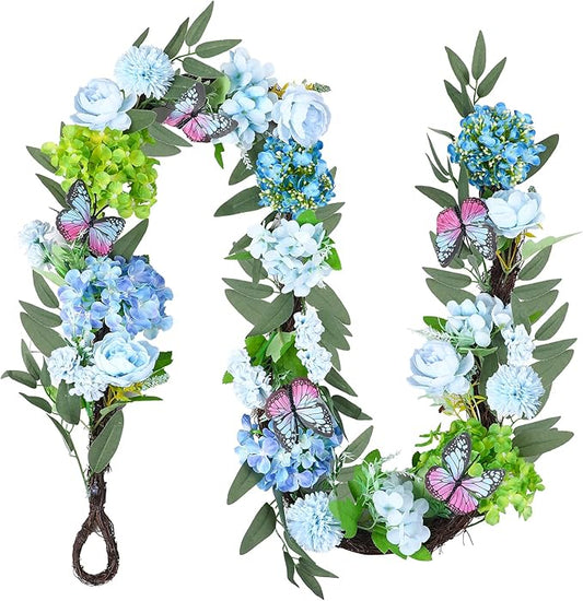 1Pcs Artificial Hydrangea Flower Garland, Faux Butterfly Floral Vine with Eucalyptus Leaves for Indoor Outdoor Hanging Home Garden Patio Decor