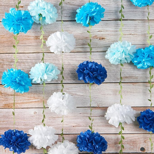 Gradient Blue Tissue Paper Pom Pom Garlands, Paper Flowers for Birthday Decorations, Baby Shower, Wedding Engagement, Bridal Shower, Spring Summer Party Decorations