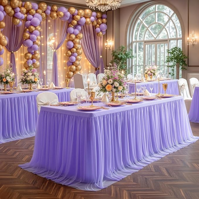 2 Pack Lavender Tulle Tablecloths with Skirt for 6 Foot Rectangle Tables Party Ruffle Tutu Tablecloth 6FT Stretch Fitted Table Cover for Wedding Reception Birthday Baby Shower Celebration Banquet