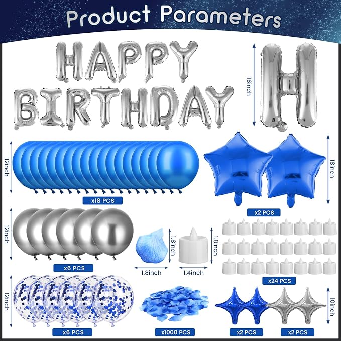 Blue Happy Birthday Balloons Banner Navy Blue Silver Birthday Balloons Letters with 6 Pcs Star Balloons Blue Artificial Rose Petals 24 Flameless LED Candles Set for Hotel Birthday Party Decorations