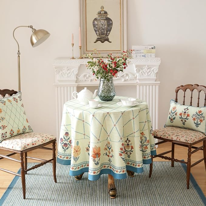 ISAENNE Designer Vintage Round Linen Tablecloth,Diameter 55"-Floralsea B | French Elegant Beautiful Durable Printed Table Cloth,Floral Pattern,Decoration,Heavyweight,Dining,Kitchen,Thanksgiving