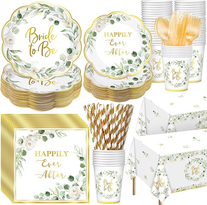 Funnymoom 452 Pcs Sage Green Bridal Shower Decorations for 50, Bride to Be Bridal Shower Paper Plates Napkins Cups Tablecloth Cutlery Straws for Eucalyptus Leaves Wedding Party Supplies