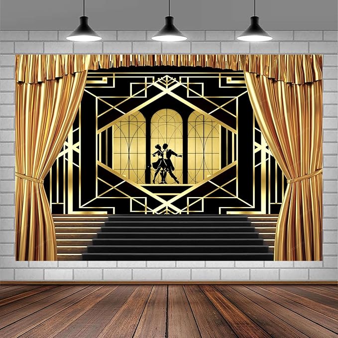 10x8ft Roaring 20s Backdrop for Photography Great 1920s Retro Roaring Party Decor Photo Background Wedding Black and Gold Golden Banner Decoration Birthday Briadal Shower Photo Shoot Booth Supplies
