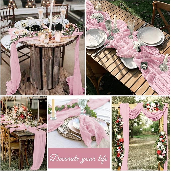 20 Pack Cheesecloth Table Runner 17 x 108 inch Long Boho Gauze Table Runners Semi Sheer Table Runner for Wedding Decor, Baby Shower, Birthday Party, Banquet (Light Pink)