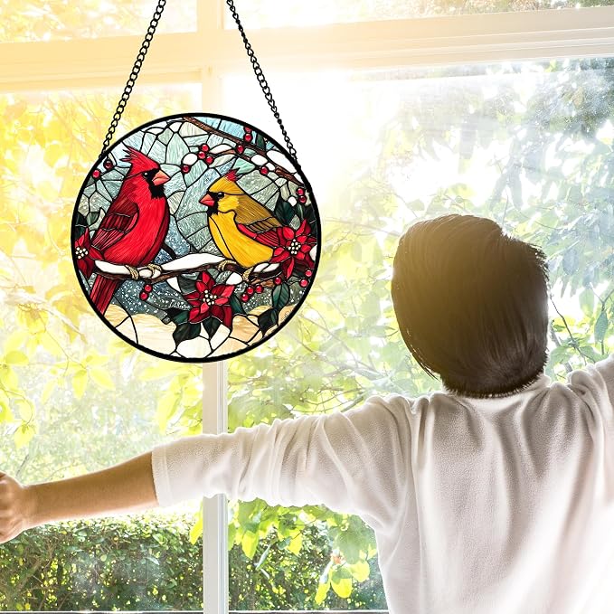 DASTOLL Stained Glass Window Hanging, Love Birds Cardinals Sun Catchers Colorful Glass Panel Birds Suncatcher Decor for Birthday for Women, Men, Wife, Lovers, and Mom 7.8 in