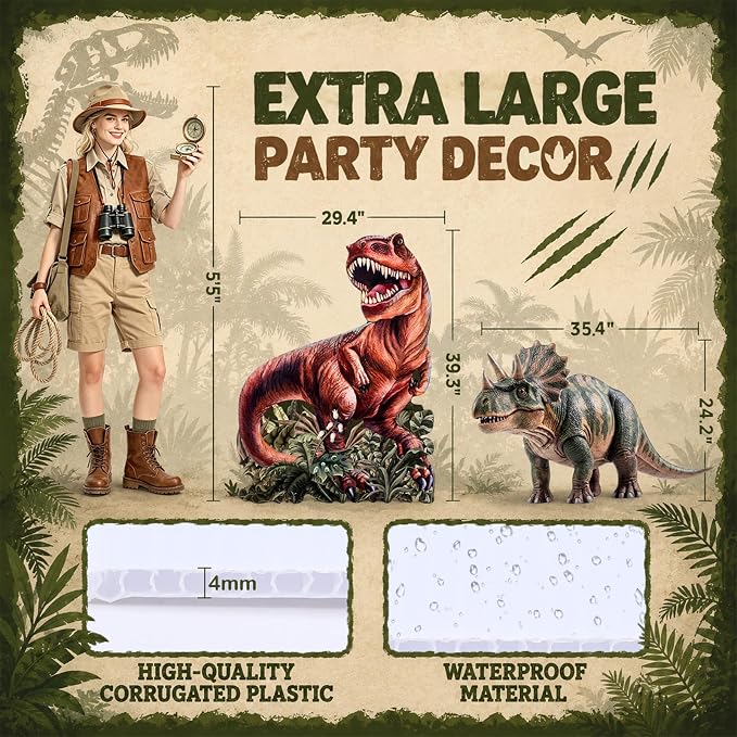 8 Pcs Dinosaur Party Decorations Set Includes 6 Pieces Dinosaur Theme Boxes and 2 Pieces Large Plastic Dino Standup Birthday Decor Photo Booth Prop Backdrop for Dino Party Supplies
