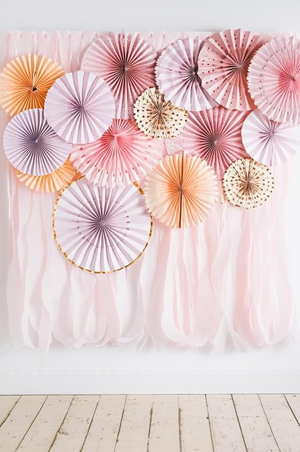PapaKit 8-Piece Origami Paper Fan Set – Sparkling Pink Rose Blush & Gold Metallic Accents – Reusable Hanging Pinwheel Wall Backdrop for Girls Birthday, Baby Shower, Wedding, Bridal Shower & Boho Party Decorations