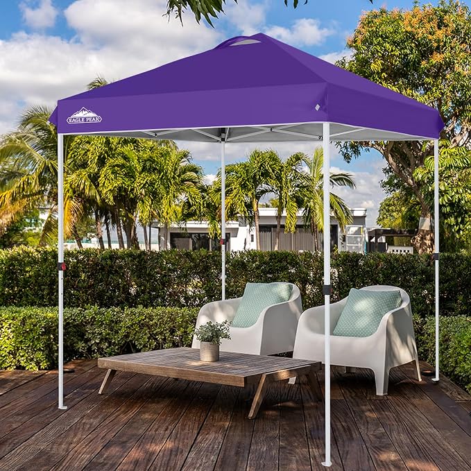 EAGLE PEAK Pop Up Canopy Tent with Wheeled Carry Bag, 8 Stakes, 4 Ropes, Easy Set Up Tent Canopy, 6.6x6.6 ft, Purple