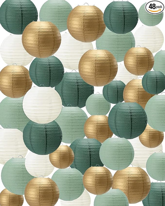 Treela 48 Pcs Paper Lanterns Party Decorations Chinese Round Paper Decor 4/6/8/10 Inch Asian Hanging Lamps Decorative for Birthday Party Wedding Bridal New Year Supplies(Gradient Green)