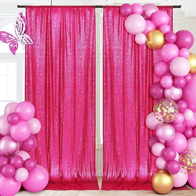 PartyDelight Hot Pink Sequin Backdrop Curtains 5x10ft 2 Panels | 3mm stitched sequin curtain with 4 inch rod pocket for 5x10ft wide reception wall head table stage backdrop and event display