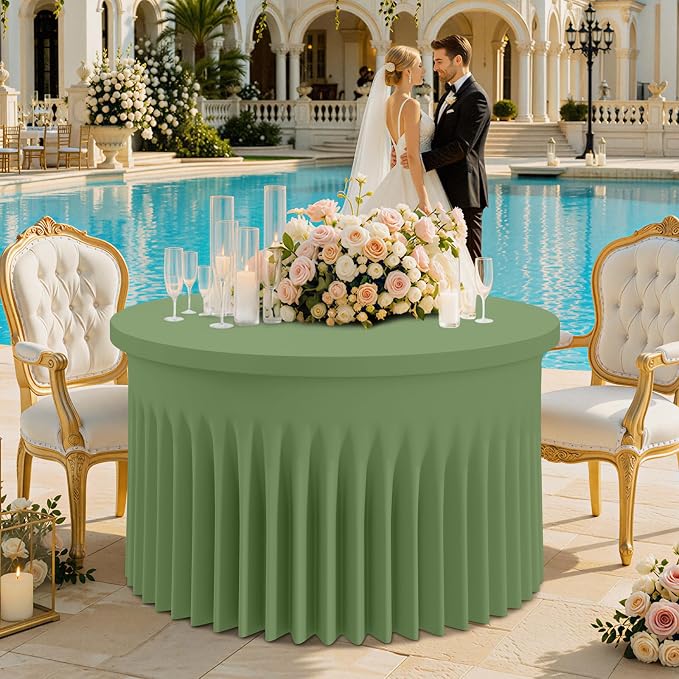 Smiry Round Spandex Tablecloth, Elastic Fitted Washable Tablecloths for 48 Round Tables, Waterpoof Stretch Table Cover Skirt for Outdoor, Wedding, Banquet & Parties, Sage Green