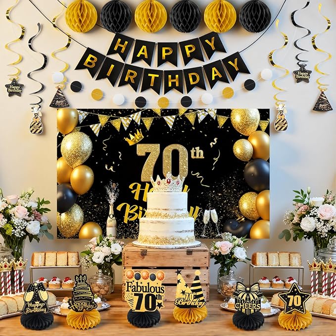 Happy 70th Birthday Party Decoration: Including Birthday Banner Backdrop, Party Table Centerpieces and Hanging Swirl Party Streamers, Birthday Decor for Men and Women (Gold/Black, 70th Birthday)