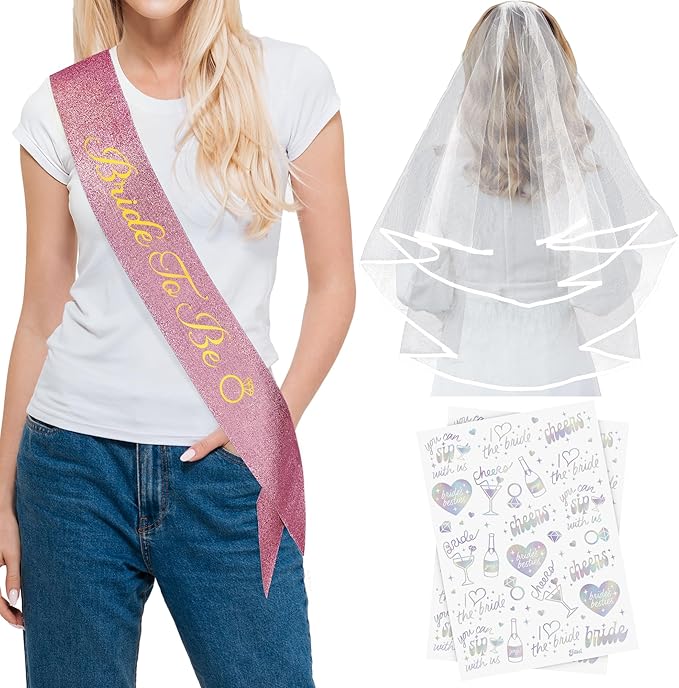Glitter Bride to Be Sash Set – Glitter Sash, Plain Veil & Temporary Tattoos – Bridal Shower Hen Night Bachelorette Party Accessories