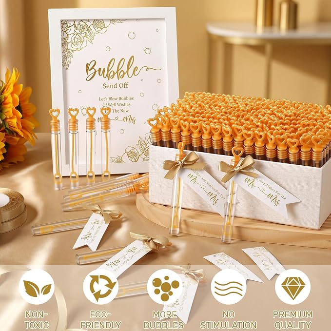405 Pcs Wedding Send Off Bubble Ideas Set Include Heart Bubble Wands Gift Tags Cards Wood Photo Frame Ribbons Wedding Send Off Party Favors for Guests(Gold)