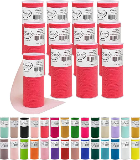 Expo International Decorative Matte Tulle, Lightweight Polyester Tulle Fabric for Tutus, Costumes, and Party Decorations, Washable, Easy-to-Use, 6 Inch x 25 Yards, Coral, Pack of 12