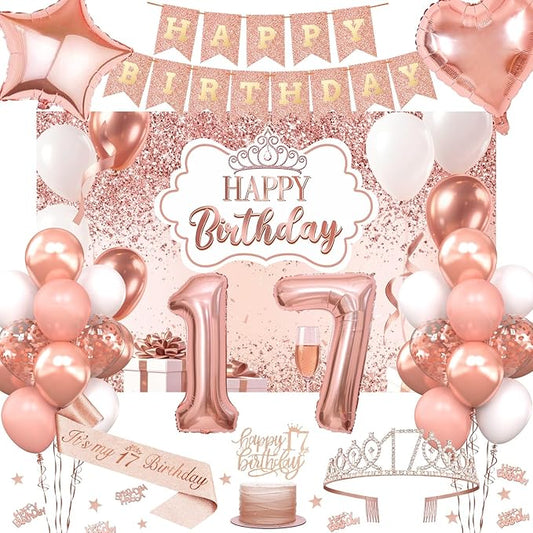 17th Birthday Decorations for Girls, 52pcs Sweet Rose Gold Happy 17 Birthday Decorations Including 17th Rose Gold Crown, Sash, Banner, Background for 17 Party Decorations Set