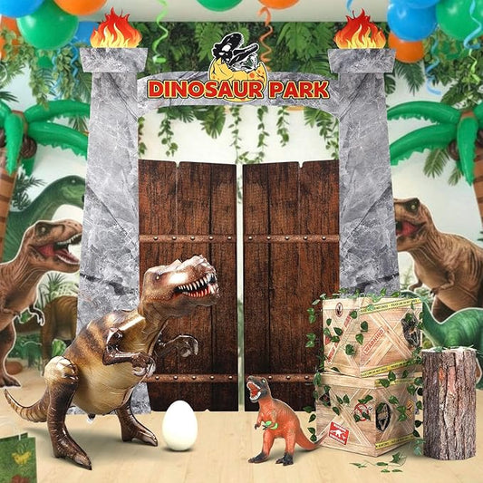 Ctosree 9 Pcs Dinosaur Party Decorations Set 59'' Cardboard Dinosaur Gate 47'' Inflatable Dino, 3D Dino, 12'' Box, Wooden Stake, Egg and Pothos Leaves for Birthday Party Supplies