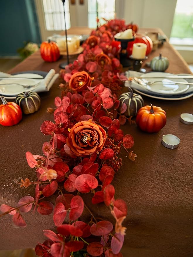 PARTY JOY 6.56ft Fall Decor Orange Eucalyptus Garland with Flowers 8 Orange Roses, Fall Garland Artificial Fake Flowers Floral Vines for Autumn Decor Fall Decorations for Home Indoor Outdoor