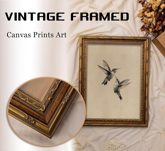 Vintage Gold Framed Vintage Birds Wall Art Birds Sketch Wall Decor Retro Hummingbirds Canvas print Retro Sketch Artwork Painting for Bedroom Living Room Shelf
