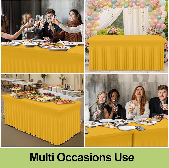 Smiry Spandex Tablecloth 2 Pack, Elastic Fitted Stretch Tablecloth for 8FT Rectangle Tables, Waterproof Washable Table Cover Skirt for Wedding, Banquet & Parties (Mustard Yellow, 96Lx30Wx30H Inch)