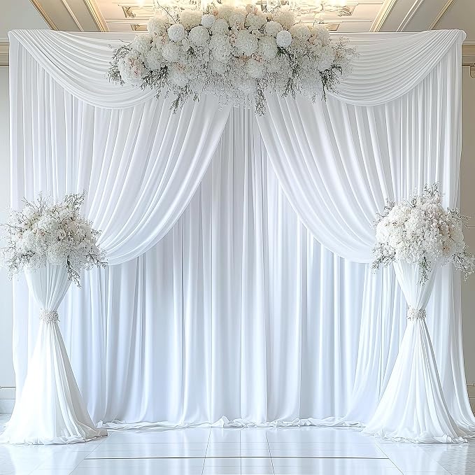 60ftx14FT Wrinkle Free White Backdrop Curtain, 12 Panels 14FT Height White Wedding Backdrop Drapes, Silky Polyester Back Drop Cloth for Birthday Photography Background Party Backdrop Draping