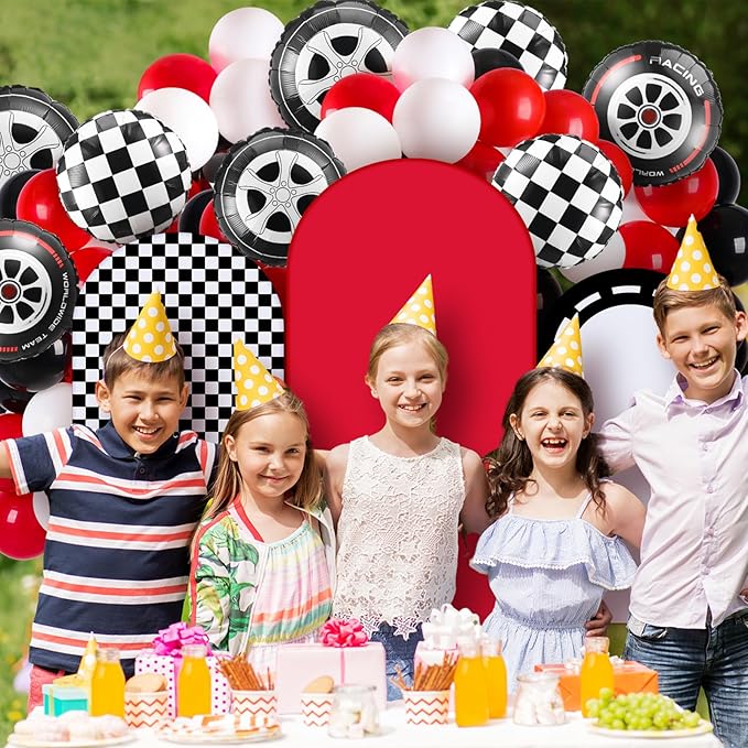 Foilswirl 34 Pieces Race Car Party Decoration 4ft 5ft 6ft Race Backdrop Cover Checkered Spandex Arch Backdrop Covers Red and Black Balloons Racing Tire Foil Balloons for Racer Go Kart Birthday Party