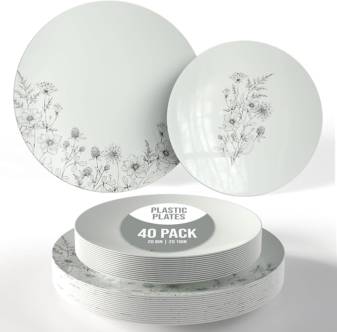 Trendables Disposable Dinnerware Decorative Plates Plastic Disposable Plates Set For 20 Guests 20 x 8 Inch Dessert Plate & 20 x 10 Inch Wedding Party Plate Set Dandelion Bloom