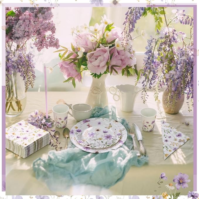 Ziliny 250 Pcs Wildflower Party Decorations Include Spring Summer Floral Paper Plates Napkins and Cups for Wildflower Baby Shower Tea Decorations, Serve 50 Guest (Purple, Spring Style)