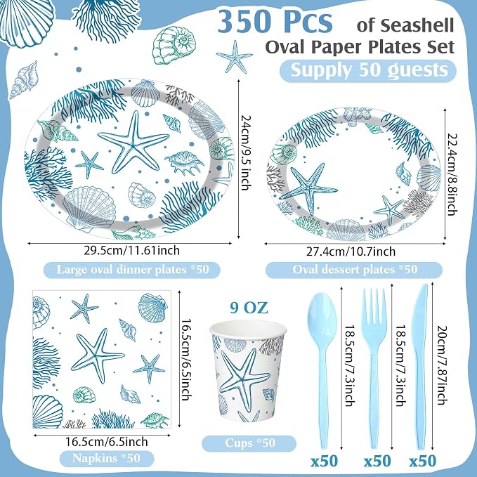 Pajean 350 Pcs Ocean Seashell Party Decorations 12 in Summer Disposable Oval Plates and Napkins Blue Coral Heavy Duty Tableware Set for 50 Guests Last Toast on The Coast Birthday Party Supplies
