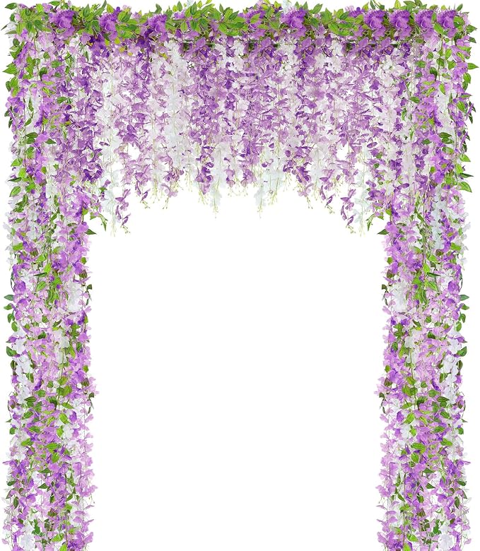 Thiccywoov 12pcs Wisteria Artificial Flowers Garland, 7.2Ft/Piece Wisteria Hanging Flowers Garland for Wedding Arch Decoration Outdoor Ceremony Home Backdrop Garden (Purple,Light Purple,White)