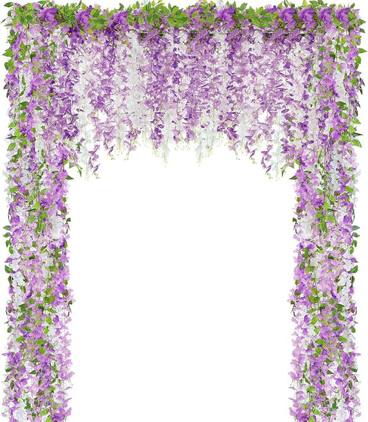 Thiccywoov 12pcs Wisteria Artificial Flowers Garland, 7.2Ft/Piece Wisteria Hanging Flowers Garland for Wedding Arch Decoration Outdoor Ceremony Home Backdrop Garden (Purple,Light Purple,White)