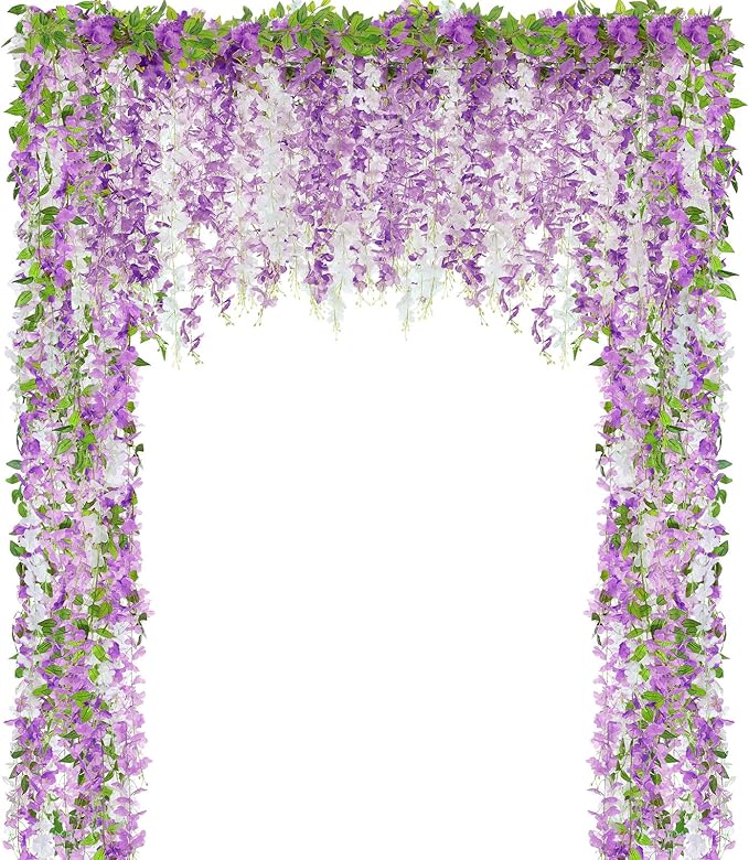 Thiccywoov 8pcs Wisteria Artificial Flowers Garland, 7.2Ft/Piece Wisteria Hanging Flowers Garland for Wedding Arch Decoration Outdoor Ceremony Home Backdrop Garden (Light Purple,Dark Purple,White)
