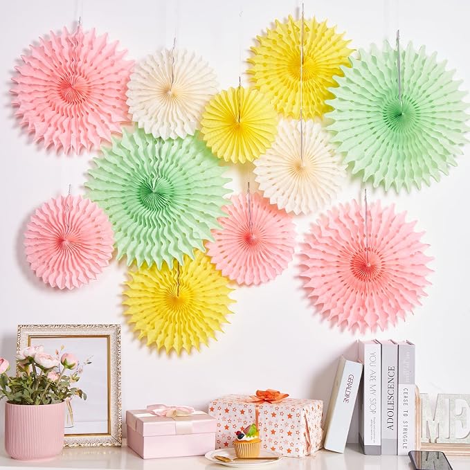 SUNBEAUTY 11Pcs Pastel Paper Fans Party Decorations for Wall, Yellow Pink Green Colorful Hanging Large Wall Fan Spring Summer for Birthday Party Bachelorette Anniversary Wedding Photo Booth Backdrop