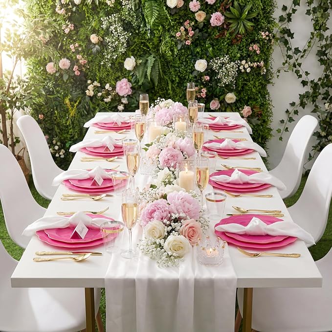 NOCCUR 175PCS Hot Pink Plastic Plates with Gold Disposable Silverware - Include 50 Hot Pink Plates,25 Knives,25 Forks,25 Spoons,25 Cups and 25 Napkins - Ideal for Party/Mother's Day
