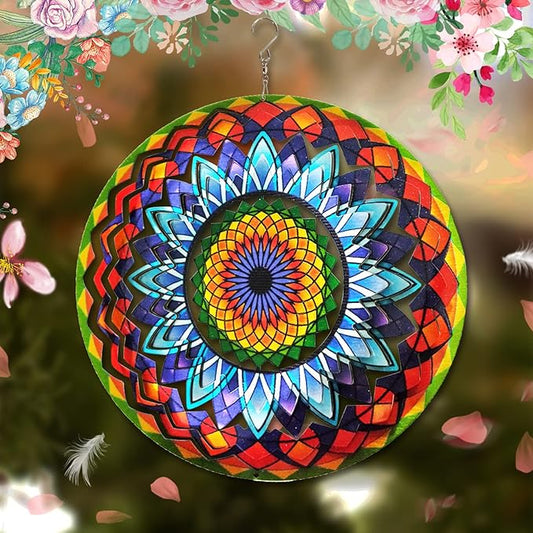 FONMY Wind Spinner Mandala Sun Flower 12 inches – 3D Stainless Steel – Laser Cut Metal Art Geometric Pattern - Hanging Wind Spinner, Kinetic Yard Art Decorations - Indoor/Outdoor Décor