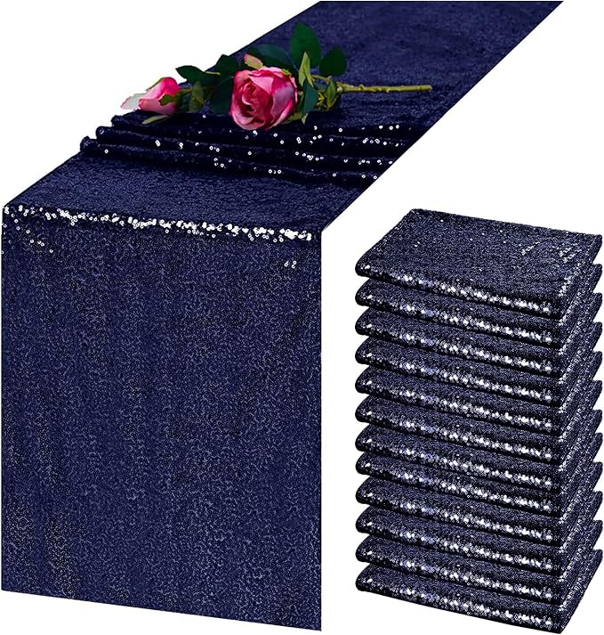 12 Pack Navy Blue Sequin Table Runner 12 x 72 Inch - High Density Sparkly Glitter Table Runners for Wedding Reception, Graduation Party, Baby Shower, Shimmering Navy Blue Decor