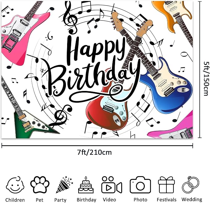 Guitar Happy Birthday Backdrop Music Themed Rock and Roll Musical Note Symbol Bday Party for Kids Photography Background Decoration Colorful Modern Cool Fabric Photo Shoot Studio Props 7Wx5H