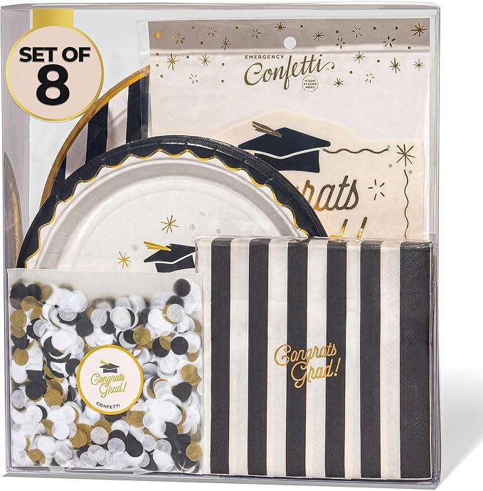Graduation Celebration, Stylish Tableware Set for 8 Guests – Black/White