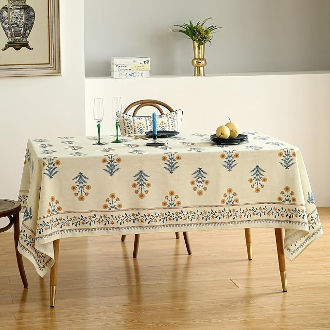 ISAENNE Designer French Linen Square Large Tablecloth,67"x67"-Estevan A | Vintage Elegant Beautiful Printed Table Cloth,Pale Yellow Floral Pattern,Durable,Dining,Kitchen,Tea Party,Thanksgiving