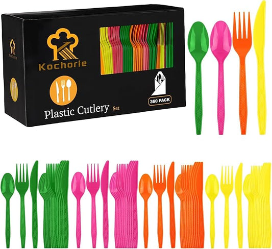 Kochorie 360 Pieces Neon Party Plastic Cutlery Set Disposable Colorful Plastic Utensils Heavy Duty Flatware Set Includes 120 Knives 120 Forks 120 Spoons for Party Birthday Wedding