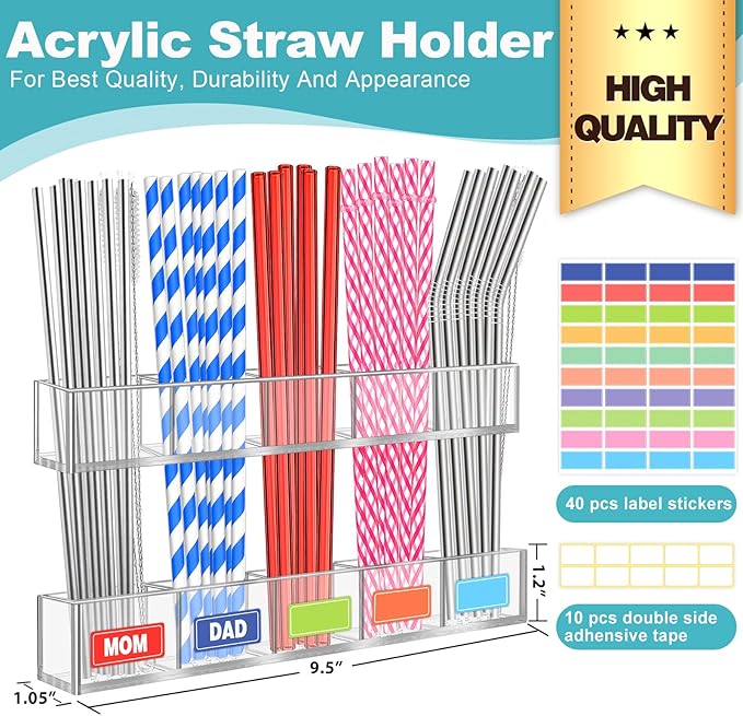 Aheroi Straw Holder, 9.5”Large Adjustable Straw Holder for Cabinet Door, Reusable Acrylic Sign holder for Small Kitchen Accessories, Storage Holder, Double-Sided Adhesive Tape&Colour Labels