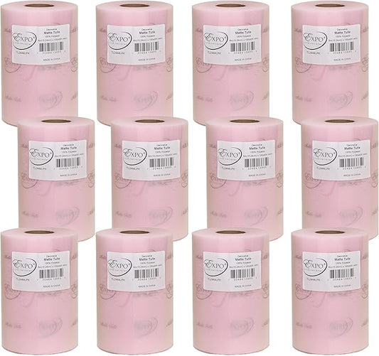 Expo International Decorative Matte Tulle, Roll/Spool of 6” X 100 Yards, Lightweight Polyester Tulle Fabric for Tutus, Costumes, and Party Decorations, Washable, Easy-to-Use, Pack of 12, Light Pink