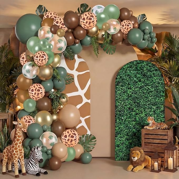 Foilswirl 34 Pieces Jungle Safari Party Decorations 4ft 5ft 6ft Safari Arch Backdrop Cover Jungle Arch Cover Green Leaves Backdrop Green Brown Khaki Balloons for Wildlife Birthday Party Decor