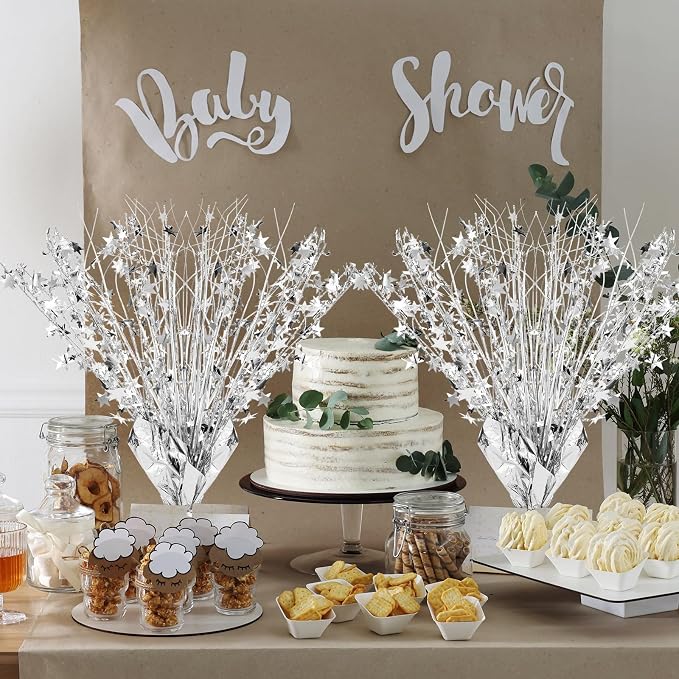 Crowye 26 Pcs Metallic Foil Spray Centerpiece Party Star Decoration Table Decor for Birthday Wedding Graduation Bachelorette Spring Party Holiday(Silver)