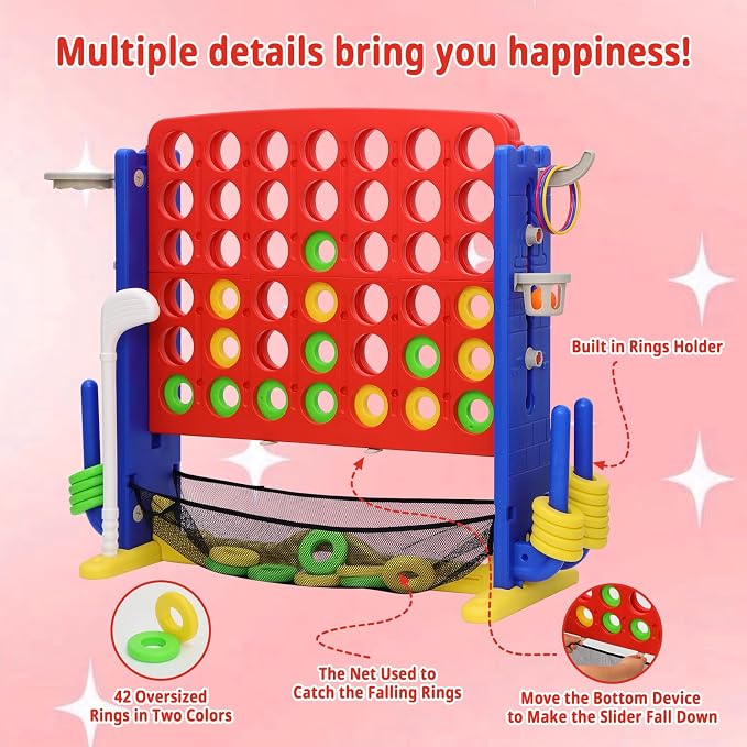 Giant 4-in-A Row Connect Game Set, Height Adjust Jumbo Yard Game for Kids & Adults w/Mesh Catching Bag, Basketball Hoop, Ring Toss & Mini Golf, Family Party 4-to-Score Indoor/Outdoor Games