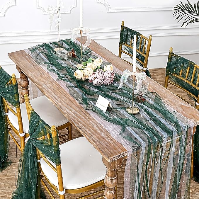 Pearl Table Runner Tulle Fabric: 10ft Pearl Kitchen Linen 29x120 Inch 12pcs Emarald Green Sheer Gauze Fabrics for Wedding Decor Birthday St. Patrick's Day Party Dining Table Cover