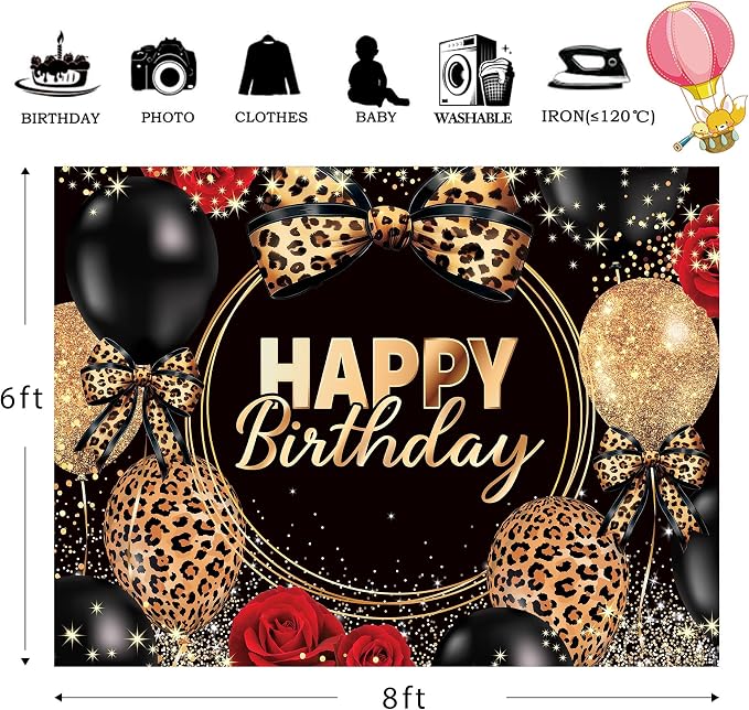 Leopard Print Bow Happy Birthday Backdrop 8Wx6H Feet Polyester Fabric Black Gold Red Rose Cheetah Print Bownot Decoration Balloon for Women Girl Photography Background Photo Shoot Props