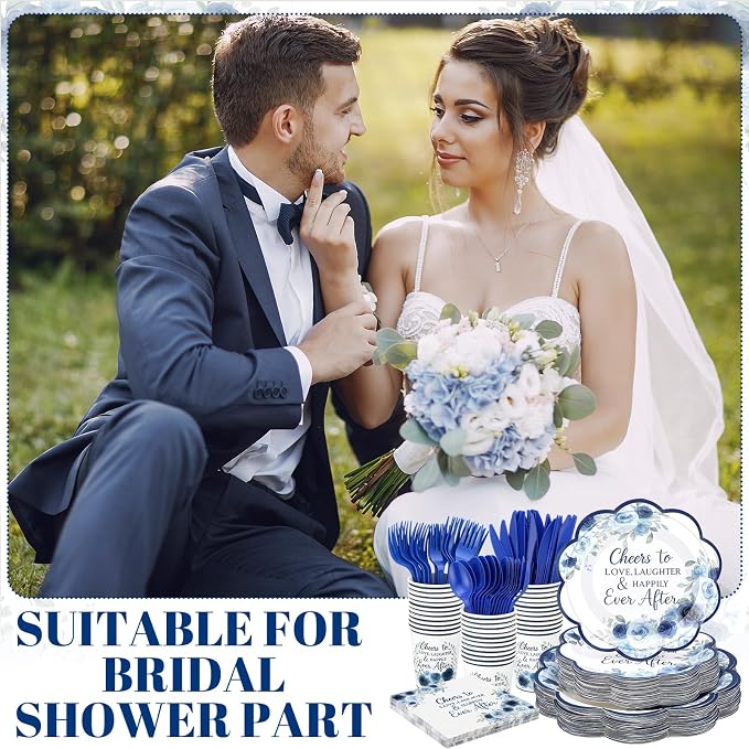 Shellwei 410 Pcs Blue Floral Wedding Decorations Elegant Floral Paper Plates and Napkins Set Disposable Party Tableware Sets with Cups Knives Forks Spoons Seat Card Favors for 50 Guests