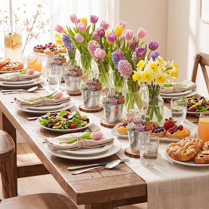 meekoo 12 Pcs Farmhouse Rustic Table Centerpieces Decor Include 6 Small Metal Tin Galvanized Buckets 4.7'' Tall and 6 Wood Slices Round 7-7.8'' for Wedding Birthday Home Succulents DIY Table Decor