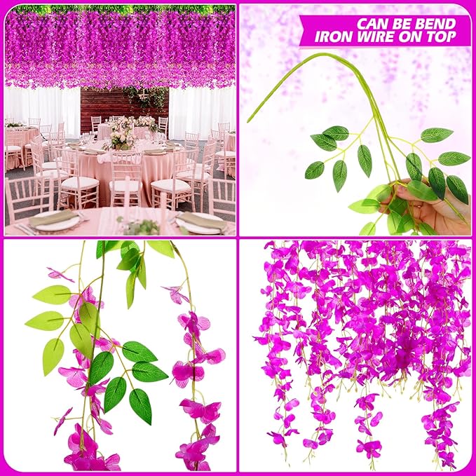 Yunsailing 108 Pack 43.2 in/ 3.6 ft Artificial Fake Wisteria Hanging Flowers Wisteria Faux Flowers Garland Silk Vine Rattan Long Hanging String for Home Outdoor Wedding Party(Rose Red)